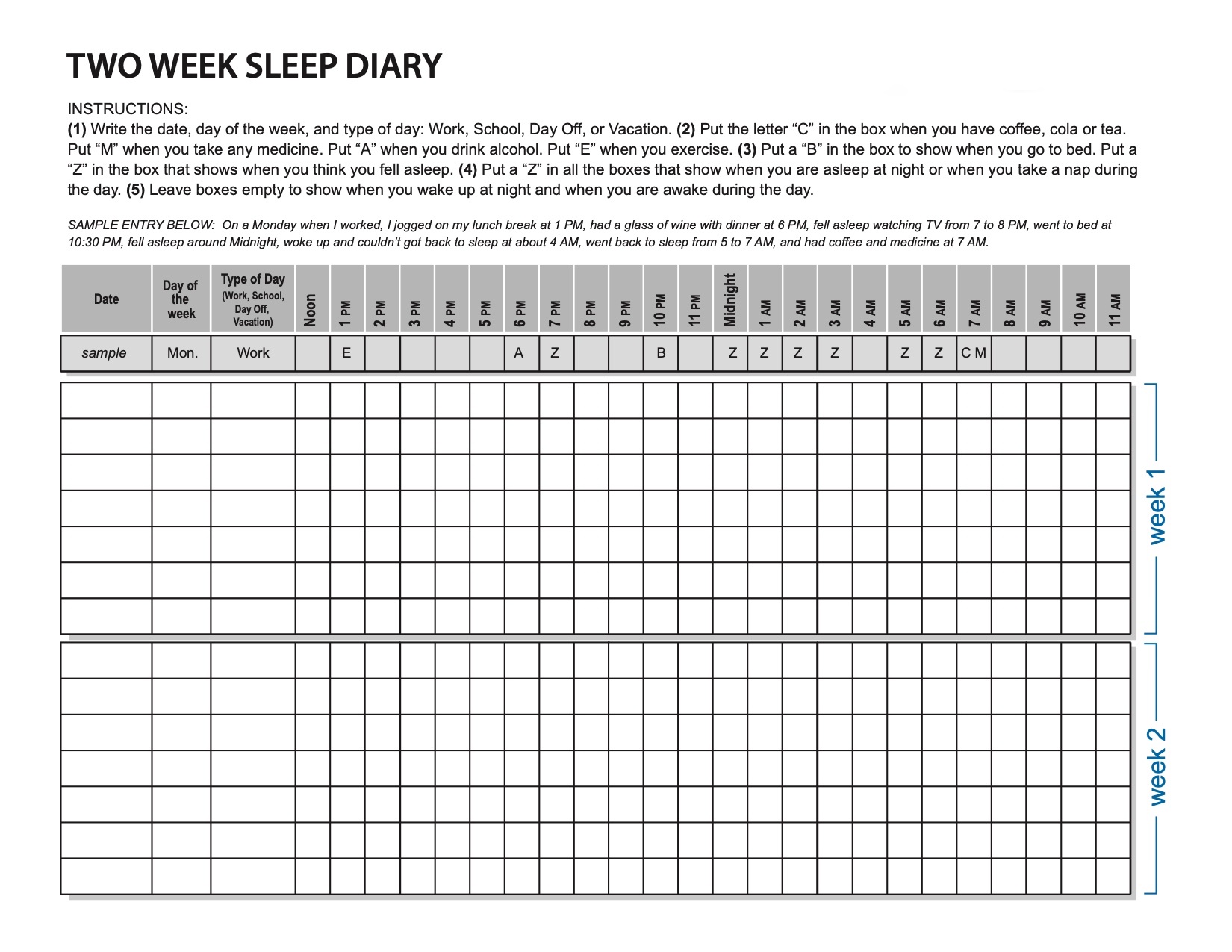 Two-week sleep diary form: a blank grid with date, day type, and hourly columns (noon to 11 AM) plus instructions for marking caffeine (C), medicine (M), alcohol (A), exercise (E), bedtime (B), sleep (Z), and awakenings across 14 days